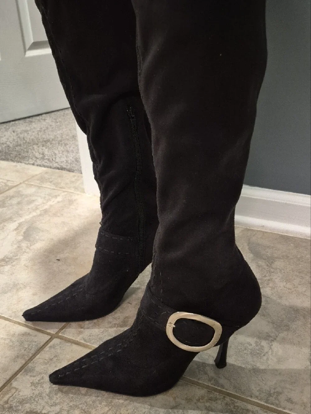 BCBGirls Black To-the-Knee Stiletto Boots with Decorative Buckle